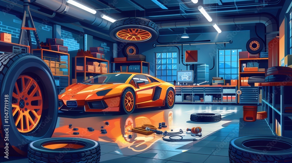 Poster a skilled mechanic is changing tires on a vehicle in a well-lit garage filled with tools and new tir