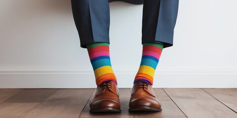A businessman in a suit sits with colorful striped socks visible under his formal shoes in a corporate office setting