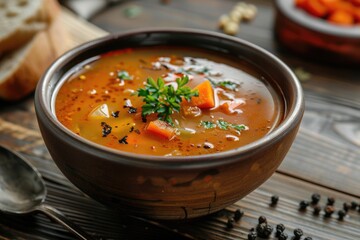 A warm bowl of soup accompanied by sliced bread on a wooden table, perfect for a cozy meal