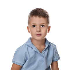 Portrait of cute little boy on white background