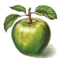 This artwork features a meticulously drawn green apple, accentuated with vibrant colors and detailed shading