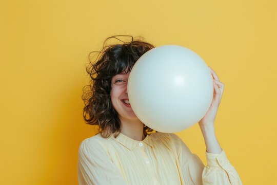 A woman holds a white balloon in front of her face, creating a whimsical and playful atmosphere