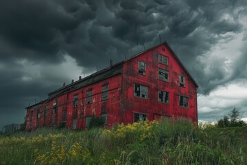 A large red building sits on top of a lush green field, offering a unique and striking visual