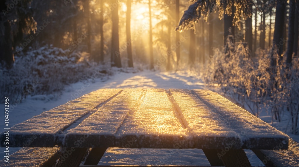 Poster a picnic table sits covered in frost amidst a tranquil forest, illuminated by sunlight filtering thr
