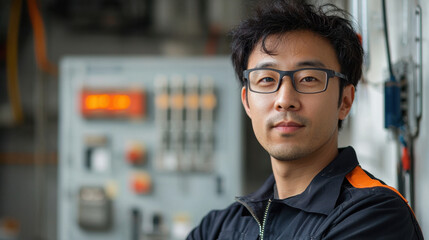Portrait of Asian electrician posing confidently in workshop, showcasing expertise and professionalism in electrical work