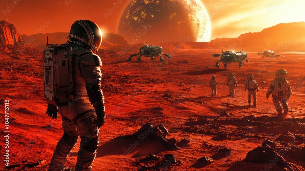 Aufkleber A team of astronauts examines the Martian terrain while utilizing advanced technology and vehicles under a vibrant cosmic sky. Generative AI