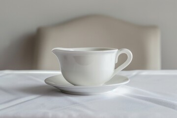 A white cup and saucer sitting on a table, ready for use