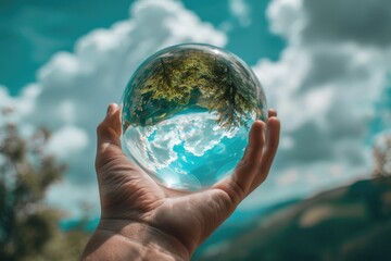 A person is holding a glass ball with a small tree inside, ideal for winter or holiday-themed designs