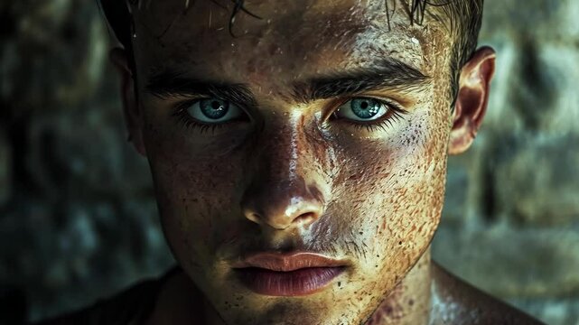 A young man with blue eyes stares directly at the camera, his face covered in dirt and grime