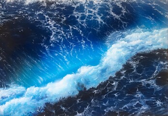 Sea, oil painting, hand drawn seascape, lots of blue shades.