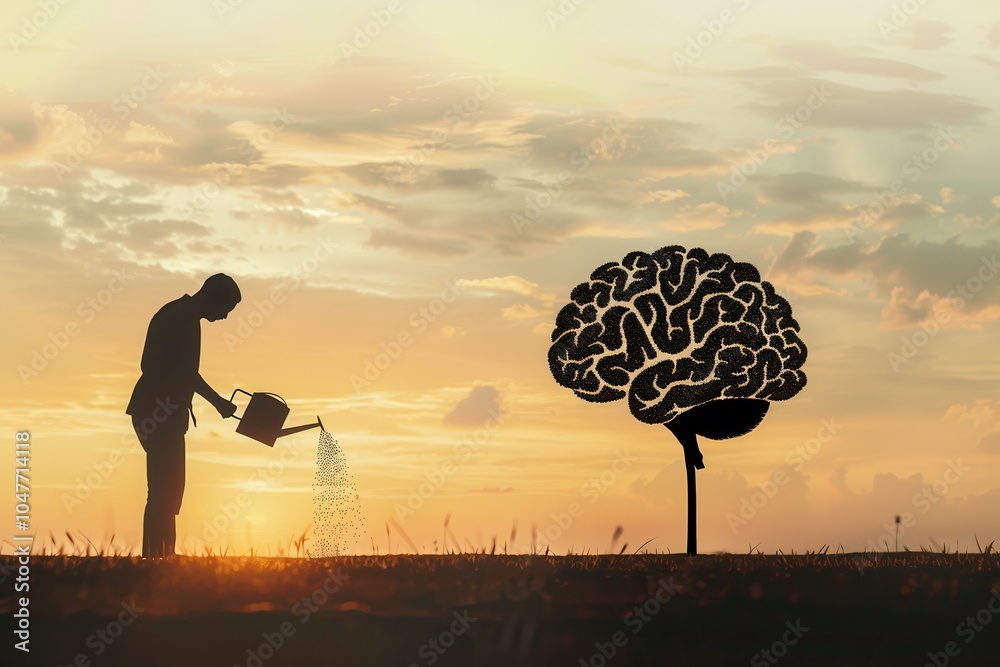 Poster a silhouette of a man pours water onto a brain-shaped tree during sunset, representing the nurturing