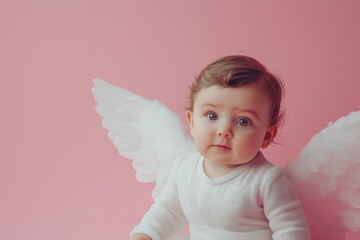 Adorable baby angel with white wings smiles against a pink background in a sweet Valentine's Day setting