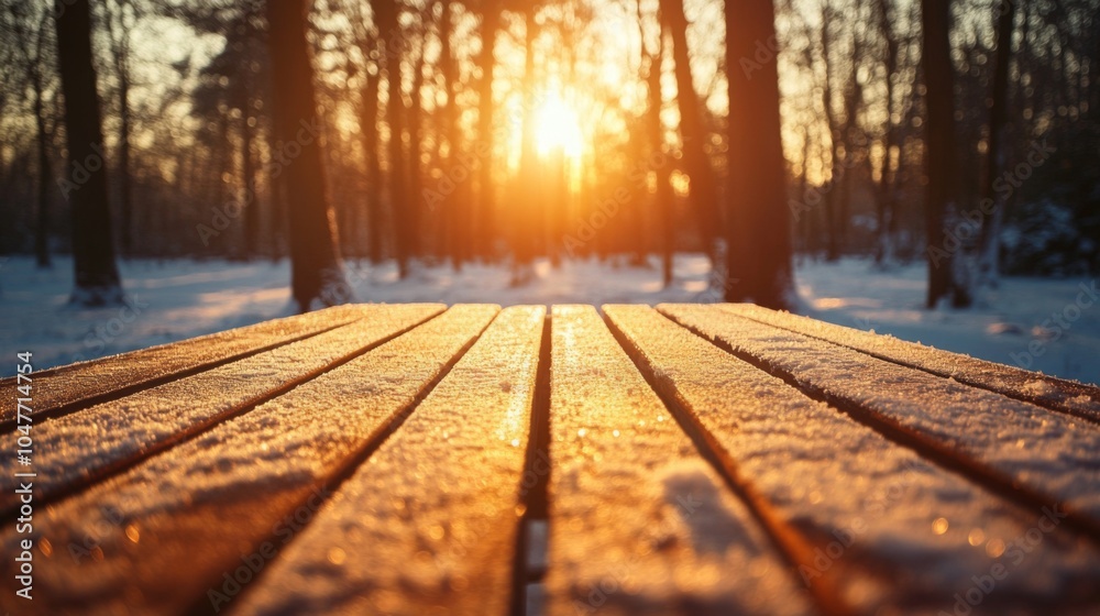 Poster the warm glow of the setting sun illuminates a snow-dusted wooden table in a serene forest. tall tre