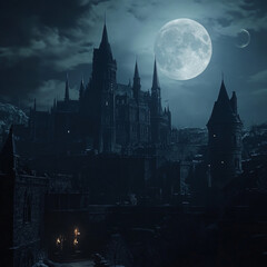 A majestic castle stands under a full moon, casting enchanting shadows and creating a cinematic atmosphere that captivates the night.