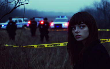 Fototapeta premium scene of a police search operation in a vast, overgrown field at dawn. 