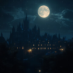 Naklejka premium A majestic castle stands under a full moon, casting enchanting shadows and creating a cinematic atmosphere that captivates the night.