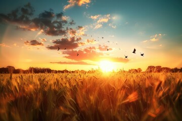A picture of a field of wheat with birds flying overhead, great for agricultural or nature-themed projects