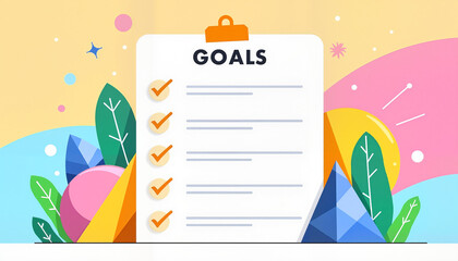 A colorful checklist with goals marked, set against a vibrant backdrop featuring abstract shapes and nature elements, inviting motivation and planning for personal or professional achievements