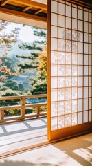 静かな庭園を見渡す障子戸を開けた静かな和室