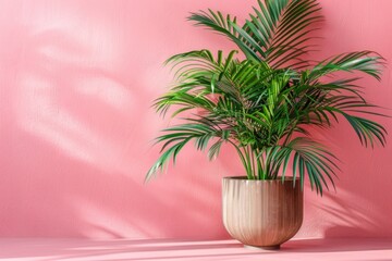 Fototapeta premium A single potted palm plant placed against a bright pink wall, simple and elegant interior design concept