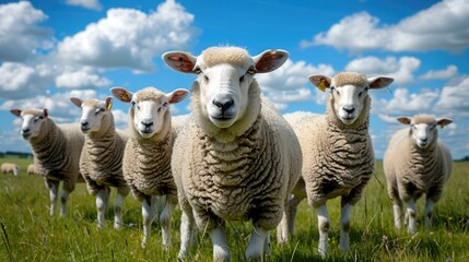 Fototapeta premium A herd of sheep grazing on a lush green field