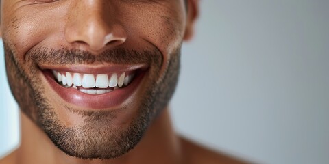 Fototapeta premium Smiling person showcasing radiant skin and beauty in studio setting, highlighting skincare and wellness through dermatology and cosmetic care