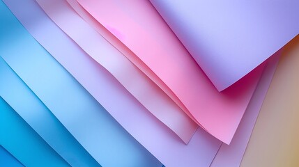 Fototapeta premium Overlapping pastel sheets in blue, pink, and purple hues. Abstract layered background with wavy textures. Minimal design for banners, presentations, and copy space.