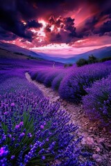 Fototapeta premium Lavender Fields Under Dramatic Sunset Sky