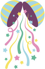 Party popper with colorful confetti stars and ribbons. Paper-shoot flat illustration. 