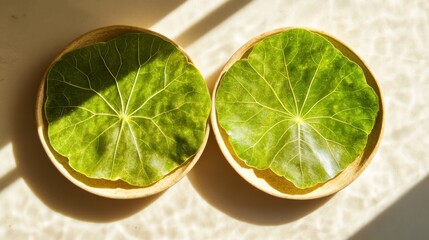 陶器の皿に映る太陽の光に照らされた緑の葉と影絵