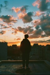 Fototapeta premium A person stands on the rooftop as the sun sets in the background