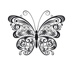 Black and White Butterfly with Abstract Swirling Patterns and Delicate Antennae  
