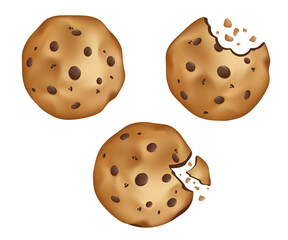 Traditional chocolate chip cookies. Bitten, broken, cookie crumbs. 3D Cartoon vector illustration set. Sweet delicious food. Cartoon vector illustration