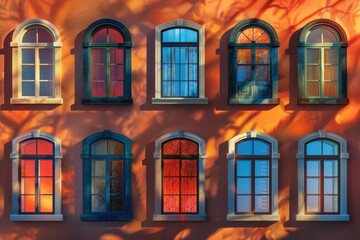 Fototapeta premium Colorful building exterior with variously hued windows and architecture