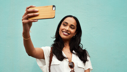 Portrait, woman and influencer with selfie outdoor on holiday for profile picture update, summer...