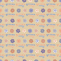 Christmas Candies and Candy Canes in non Traditional Purple and Orange in Horizontal Stripes on a Tan background creating a seamless pattern print background