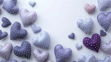 Obraz premium Soft purple and white fabric hearts with polka dots scattered on white background. Flat lay with copy space. Valentine’s Day decor for romantic craft, banner, and greeting card design.