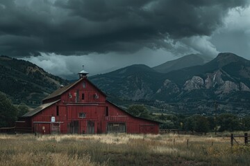 Obraz premium A rustic red barn situated in a green field with distant mountains in the background