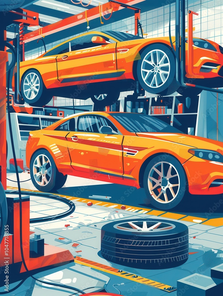 Poster a technician is changing tires on a car in a busy automotive workshop, surrounded by tire tools and 
