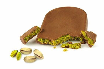 Dubai chocolate with green pistachio nuts kadaif dessert    on white background.  