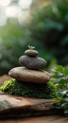 静かな森の中の緑豊かな苔むした木の上に置かれた静かな禅石の積み重ね