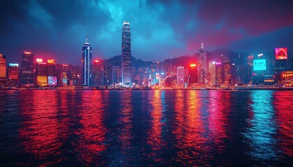 Naklejka premium Hong Kong Skyline at Night with Vibrant Reflections in the Water