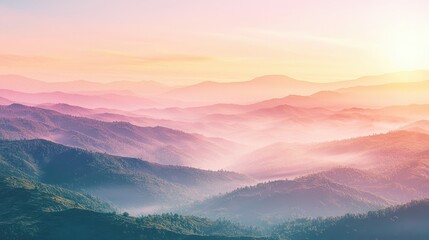 Obraz premium Soft Pastel Sunrise Over Rolling Hills and Misty Valley
