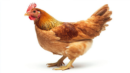 Fototapeta premium realistic depiction of brown chicken standing on white background, showcasing its detailed feathers and vibrant colors. This captures essence of poultry in striking manner