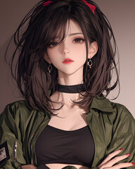 Anime Girl Portrait with Green Jacket and Red Bow