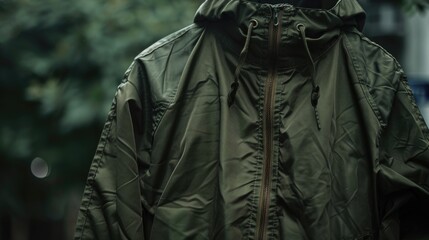 A green jacket with a hood hangs abandoned in an outdoor setting, perfect for use as a prop or background element