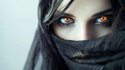 Naklejka premium Intense close-up of a womans face with captivating golden eyes, partially covered by a black scarf, showcasing mysterious beauty