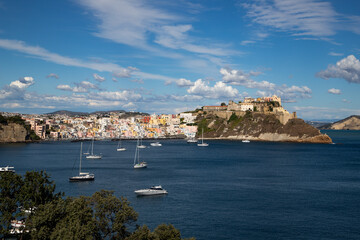 Fototapeta premium beautiful Procida island with colorful houses in sunny summer day, Italy
