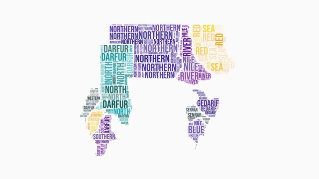 Sudan regions word cloud animation. Country logo animated video. Sudan colored text cloud. Regions typography style motion graphics. Stylish video.