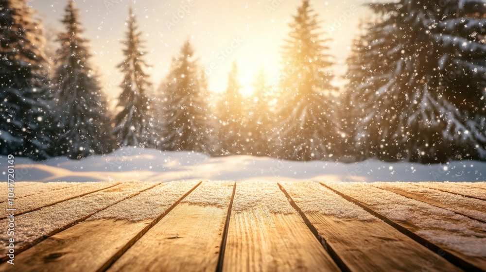 Aufkleber Golden sunlight streams through snow-covered pines as soft snowflakes fall, creating a tranquil winter scene that invites peaceful contemplation on the wooden deck below.